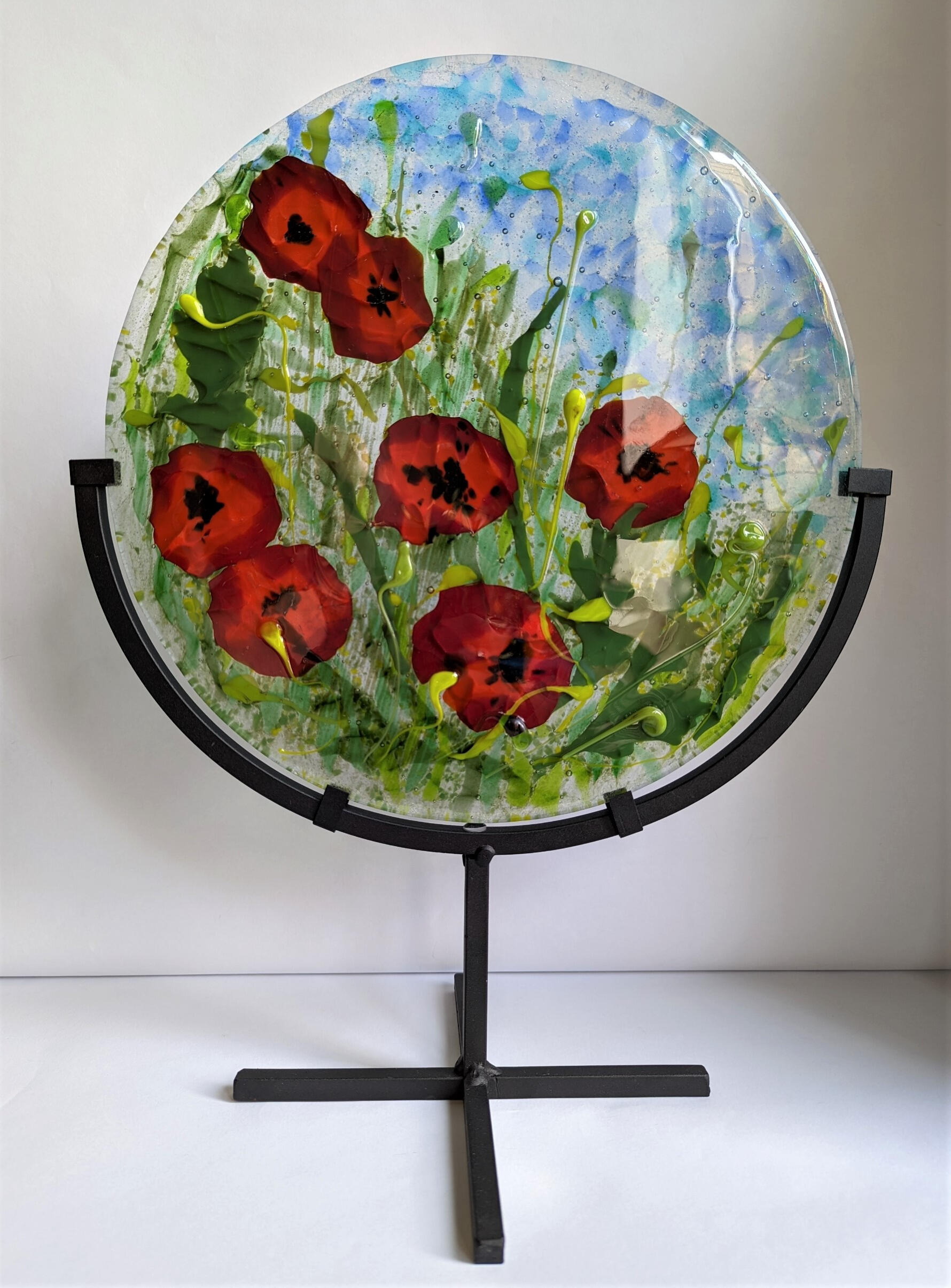 Poppy meadow, fused glass 30cm